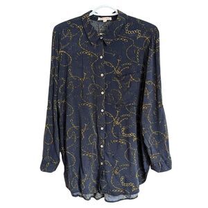 GRAND & GREENE chain print Navy blouse button down shirt adjustable sleeves L @P